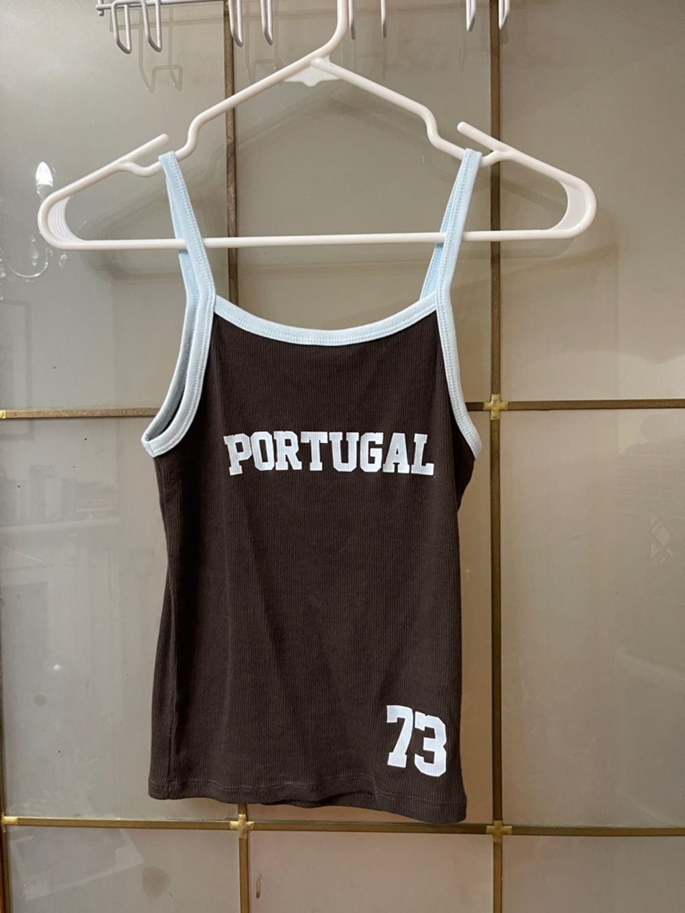 Harlow Black Tank Top with Light Blue Trim and Portugal Graphic